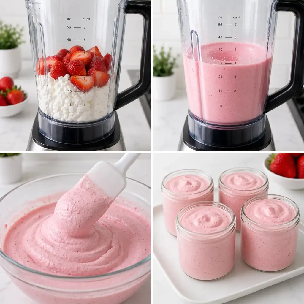 A four-panel image showing the easy blending and chilling steps to make no bake strawberry mousse.