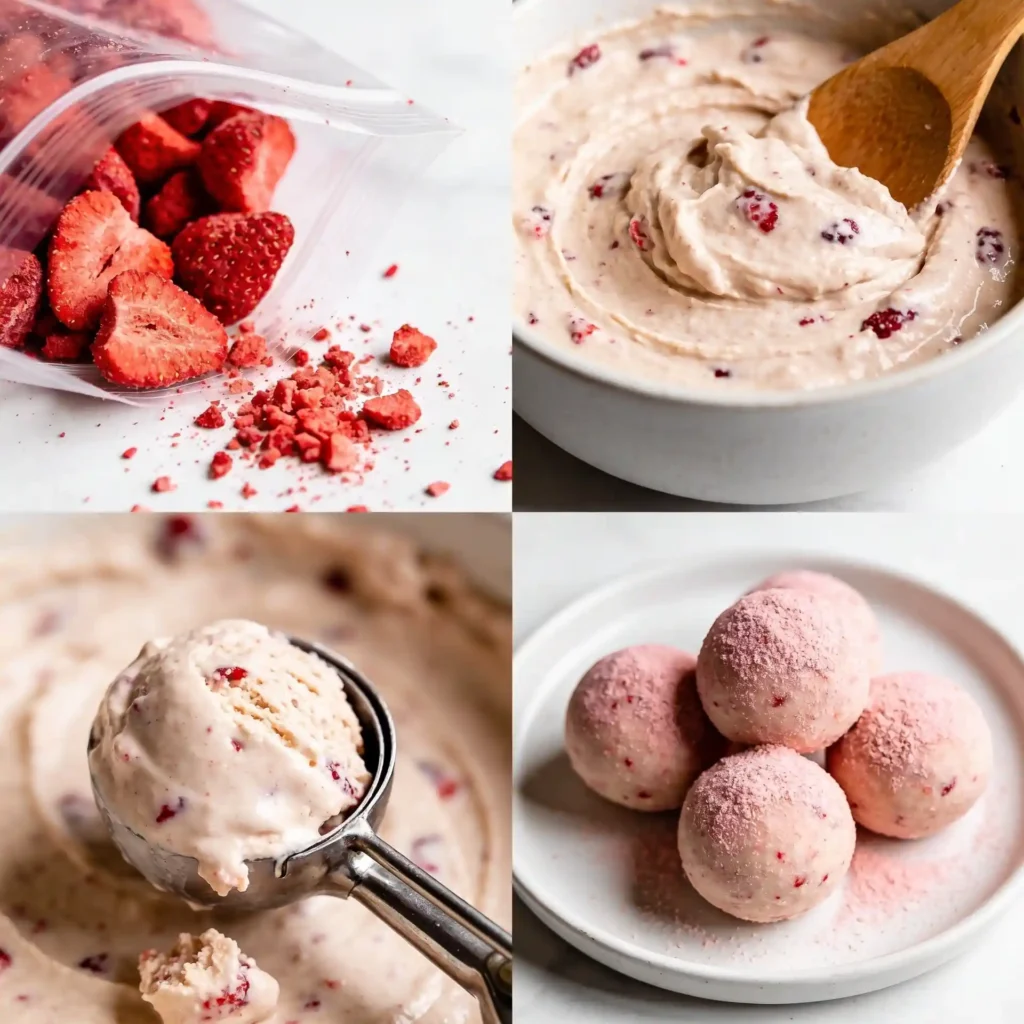 A four-panel image showing the easy steps to make no bake strawberry protein bites.