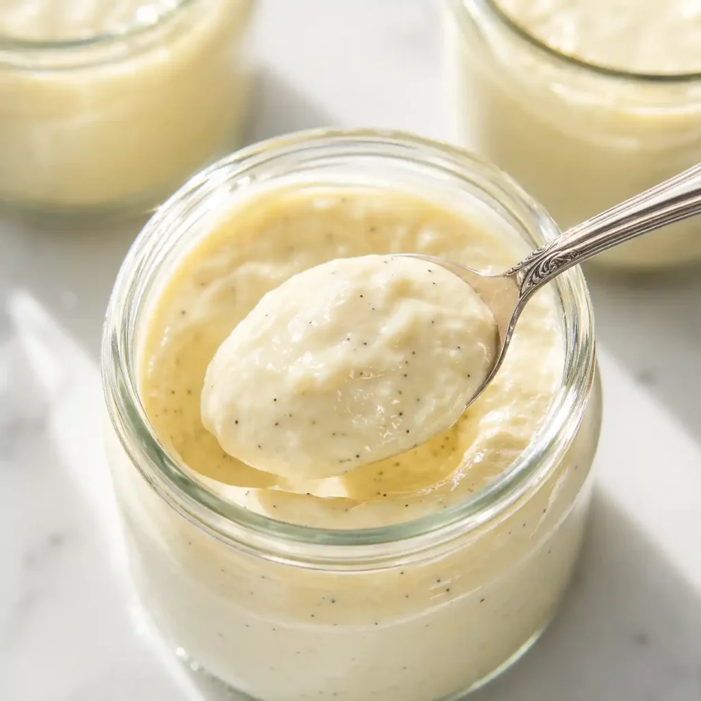 A close-up macro shot of a silver spoon scooping thick, perfectly smooth vanilla cottage cheese mousse from a glass jar.