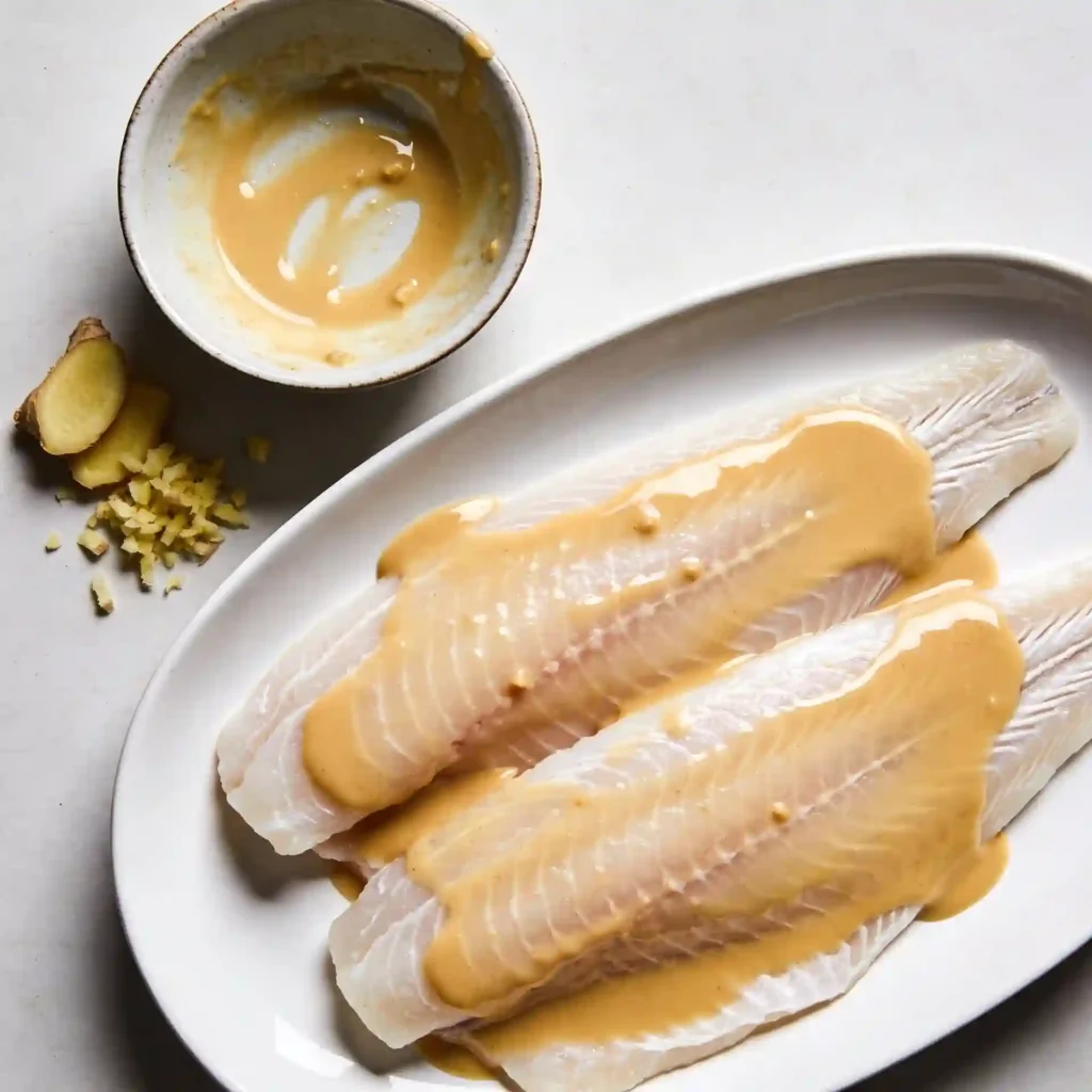 Raw cod fillets thickly coated in a pale golden marinade for a nobu miso cod without sugar recipe.