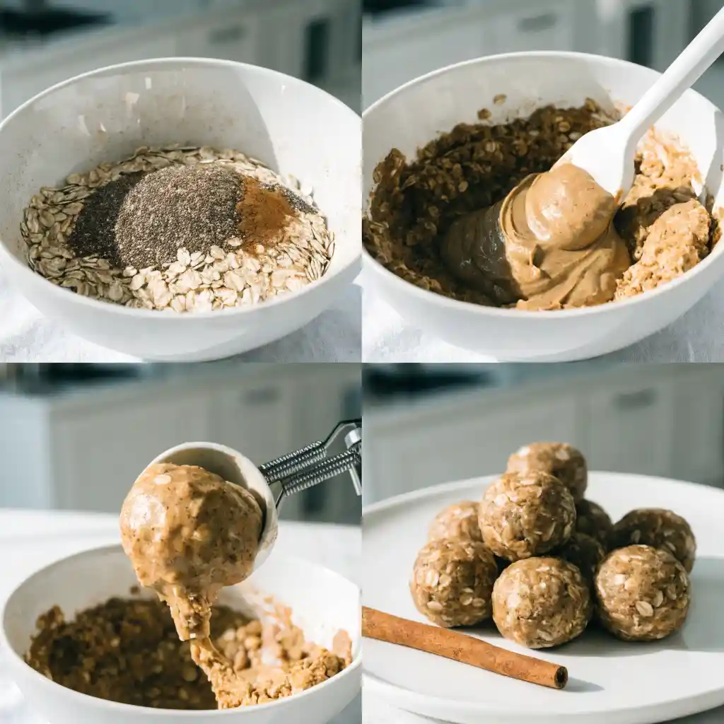 A four-panel image showing the easy steps to make apple cinnamon energy bites using modern white kitchenware.