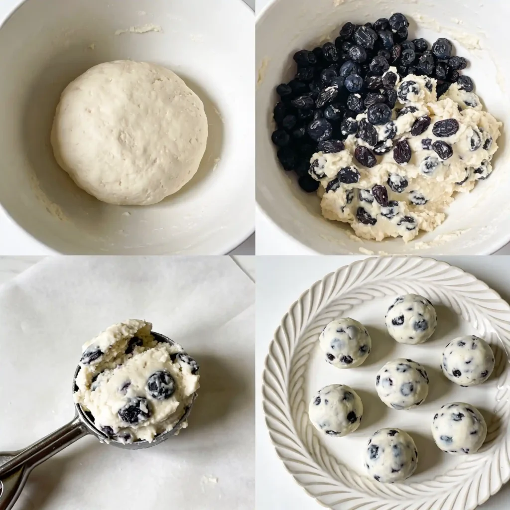 A four-panel image showing the easy steps to make no bake blueberry energy balls.