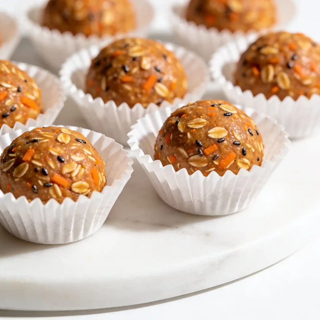 A small cluster of smooth carrot cake bites in white cupcake liners on a glossy white surface with a cinnamon stick.
