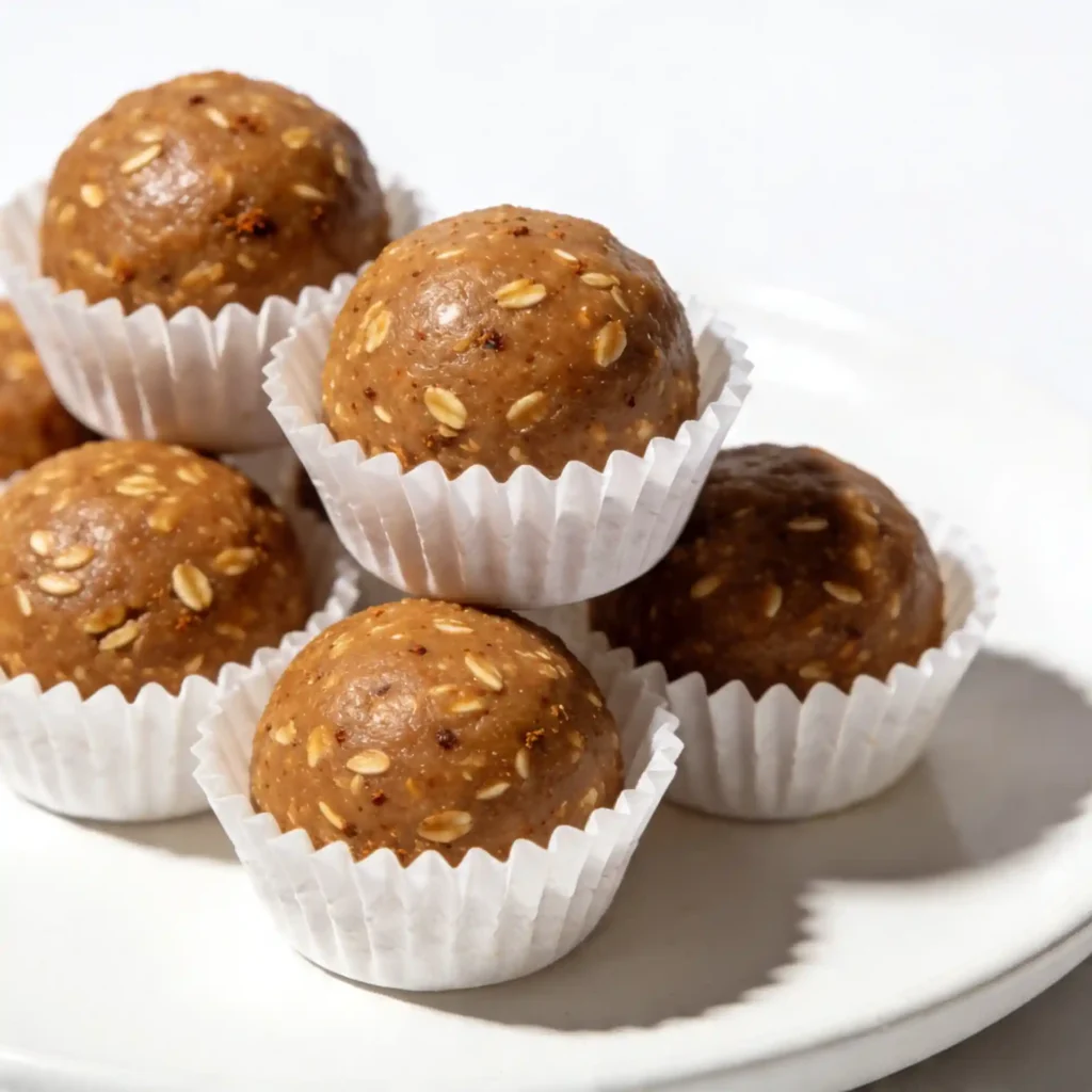 A small cluster of smooth chai spice bites in white cupcake liners on a glossy white surface with a cinnamon stick.
