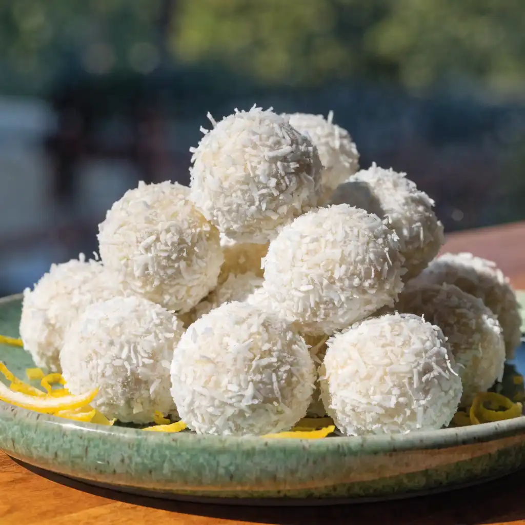 A speckled green plate of nut-free lemon balls showing their coconut coating.