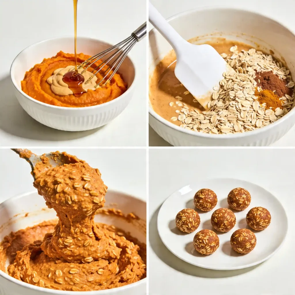 A four-panel image showing the easy steps to make pumpkin spice energy bites using modern white kitchenware.