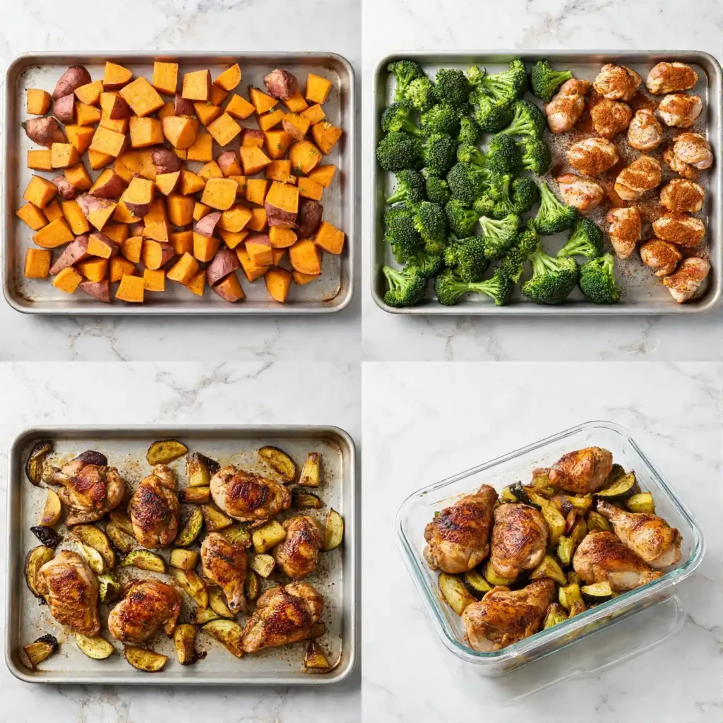 A four-panel image showing the easy steps to make a one pan chicken and veggies meal prep.
