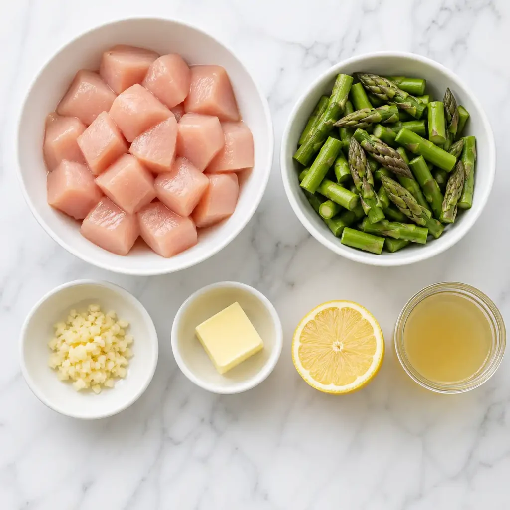Raw ingredients for garlic butter chicken and asparagus arranged in white bowls on a marble surface.