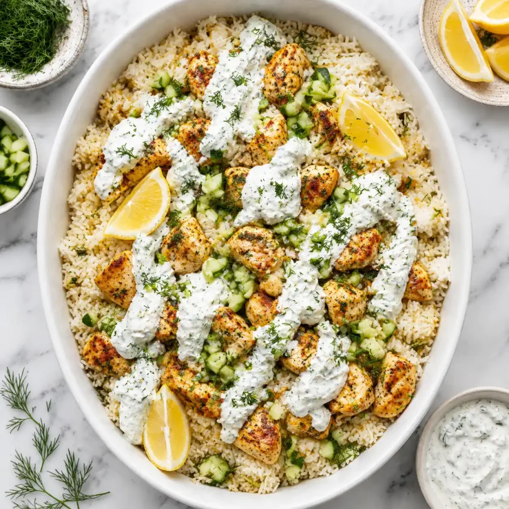 A close-up top-down view showing the juicy chicken, fluffy rice, and creamy tzatziki sauce.