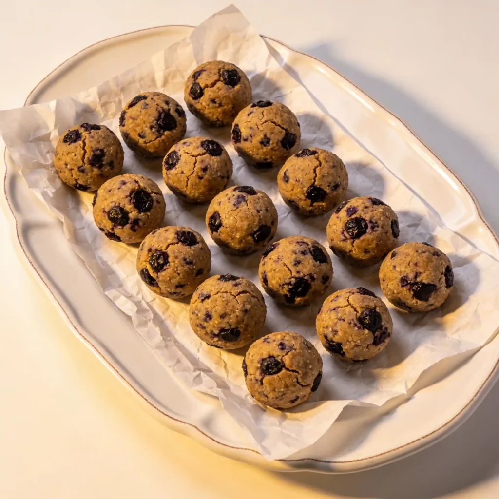 Paleo blueberry muffin bites resting neatly on a large white platter with parchment paper.