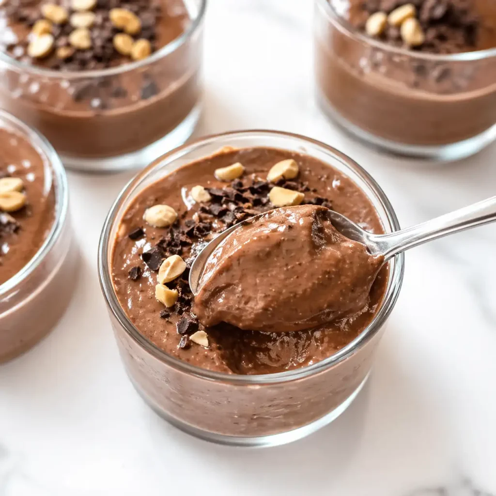 A macro overhead photograph sharply focused on the creamy, velvety texture of chocolate peanut butter cottage cheese mousse in an elegant glass tumbler with a silver spoon.