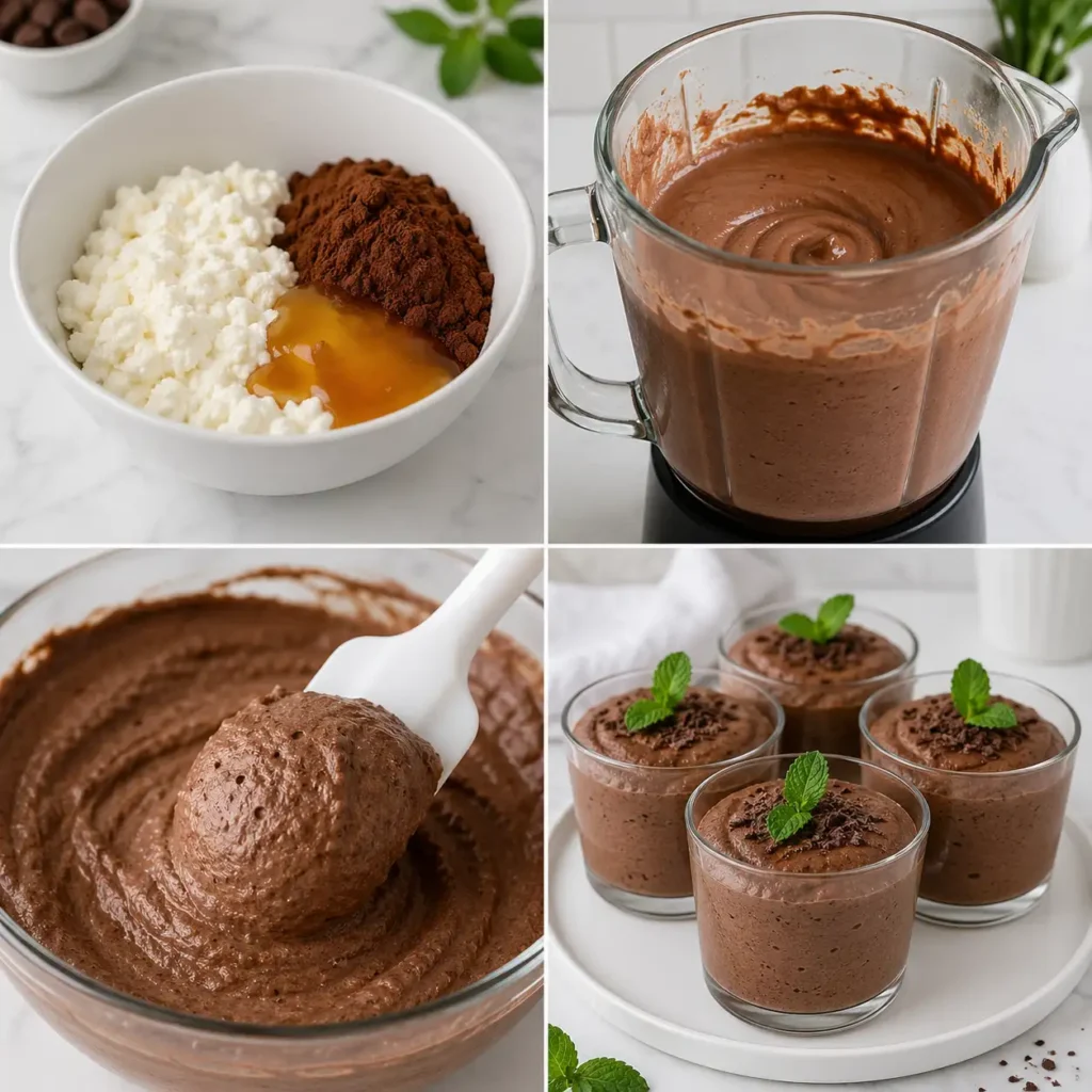 A 4-panel image process visualization for making mint chocolate cottage cheese mousse, showing ingredients blending into a dark brown base, portioning into multiple elegant glasses, and finished garnished desserts.