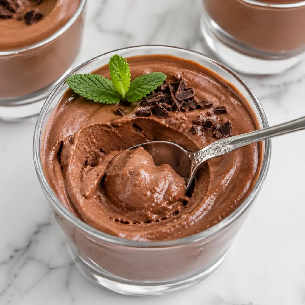 A close-up macro shot of a silver spoon scooping thick, perfectly smooth swirled dark brown mint chocolate cottage cheese mousse from a glass tumbler.