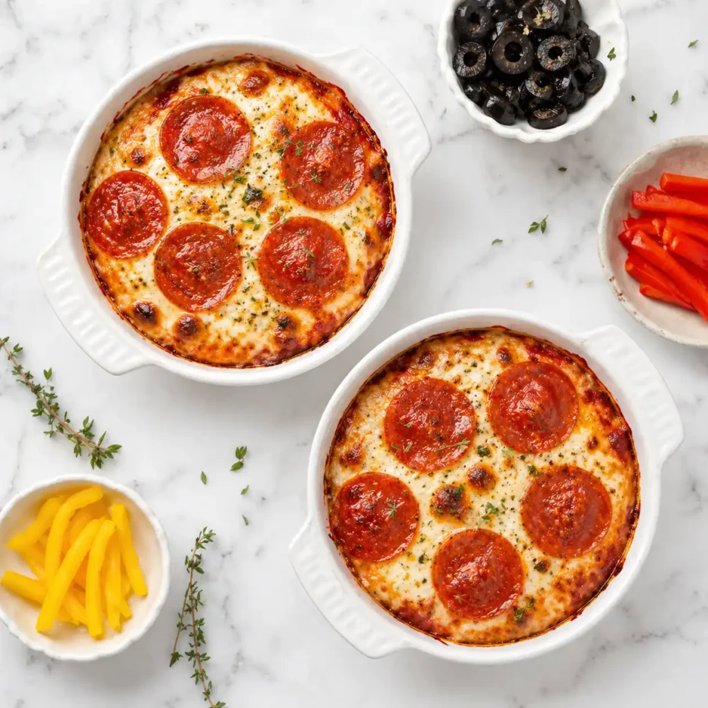 A top-down flat lay of two freshly baked pepperoni pizza bowls on a white marble counter.