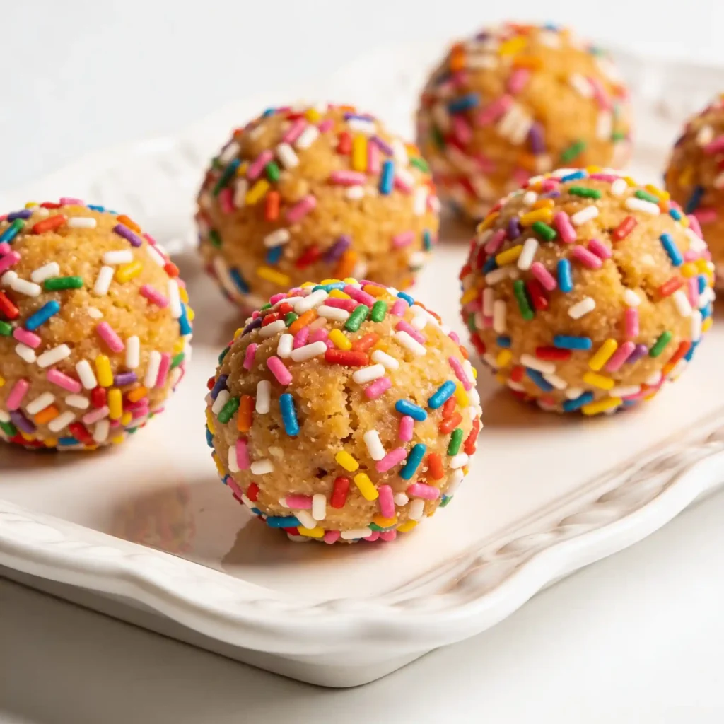 A small cluster of birthday cake bites in white cupcake liners on a glossy white surface.