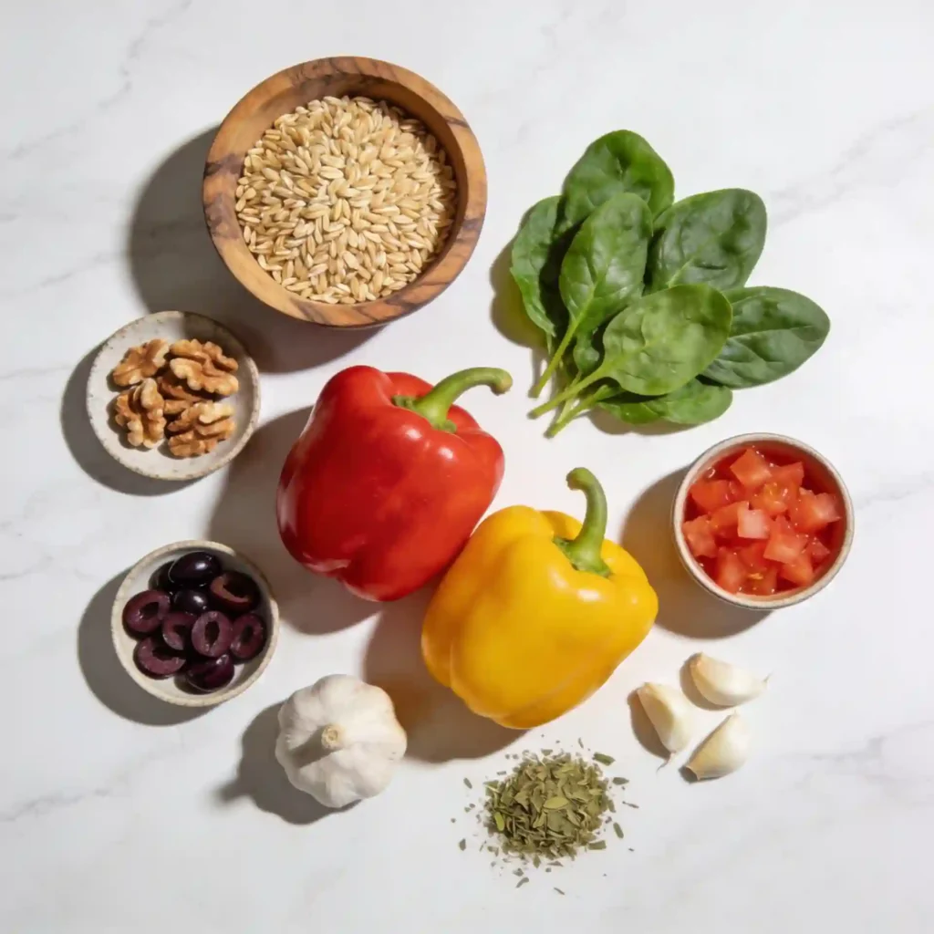 Fresh, raw ingredients laid out for making healthy, plant based stuffed bell peppers.