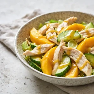 A modern white bowl filled with Poached Ginger and Mango Chicken, cucumber, and a light dressing.