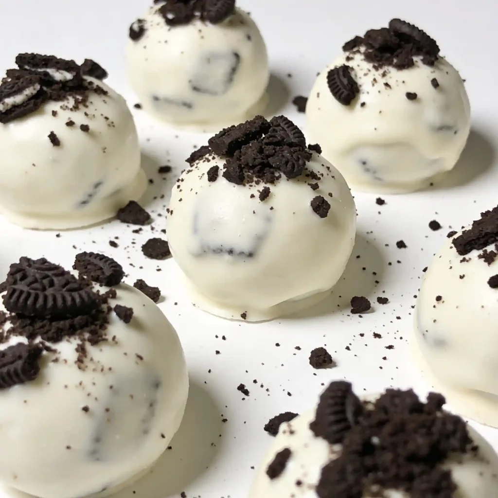 Cookies and cream protein balls resting neatly on a large, sleek white ceramic platter.