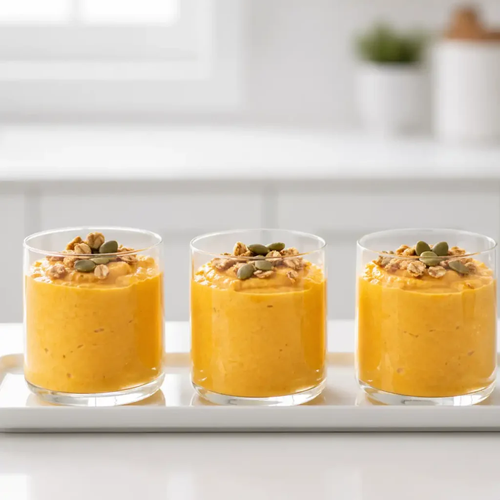 Three glass tumblers of orange pumpkin cottage cheese mousse, each featuring granola and pumpkin seeds on a white tray.