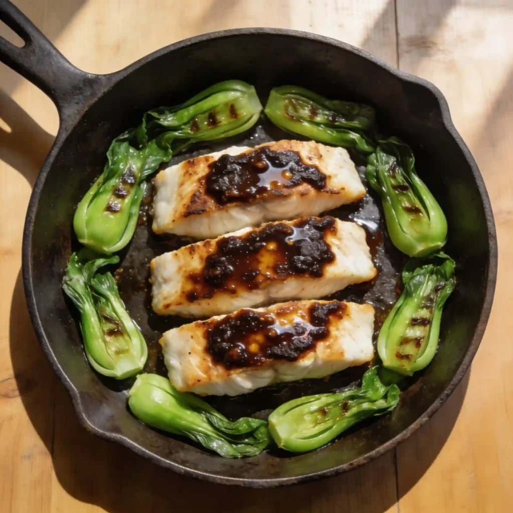 A cast-iron skillet filled with perfectly broiled miso cod and seared bok choy for a quick weeknight seafood dinner.