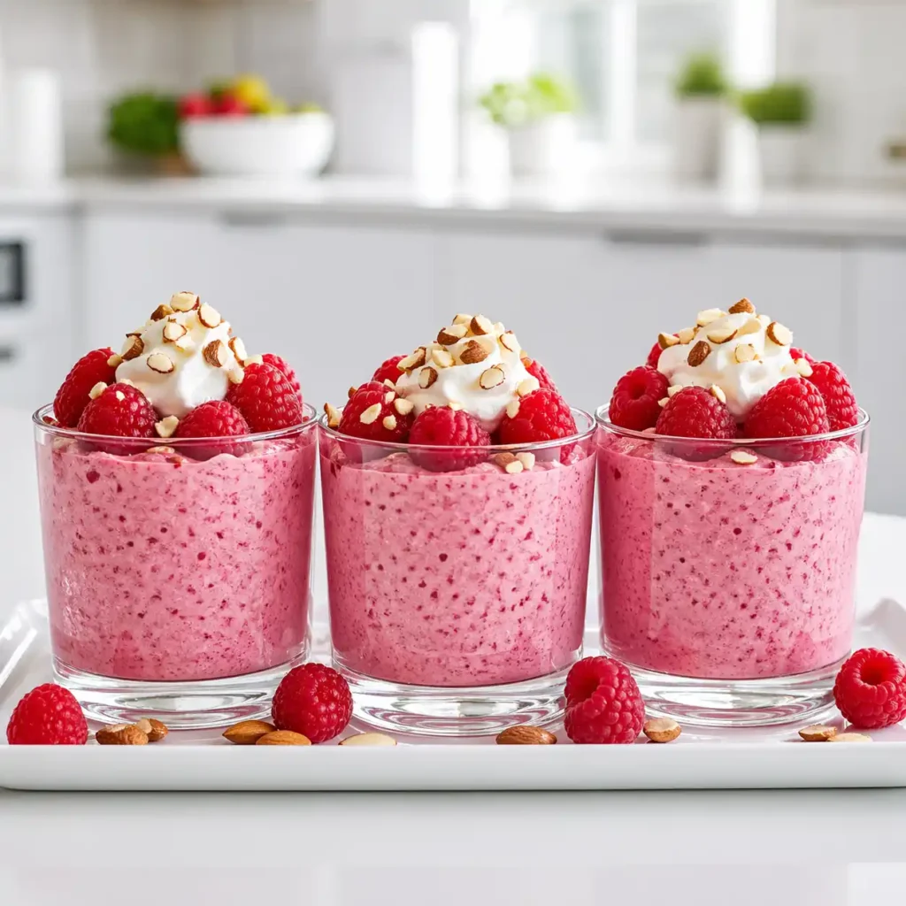 Three glass tumblers of pink raspberry cottage cheese mousse, each featuring fresh berries and whipped cream on a white tray.