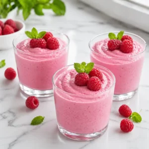 Three elegant glass tumblers filled with creamy pink raspberry cottage cheese mousse, garnished with fresh raspberries and mint on a white quartz counter.