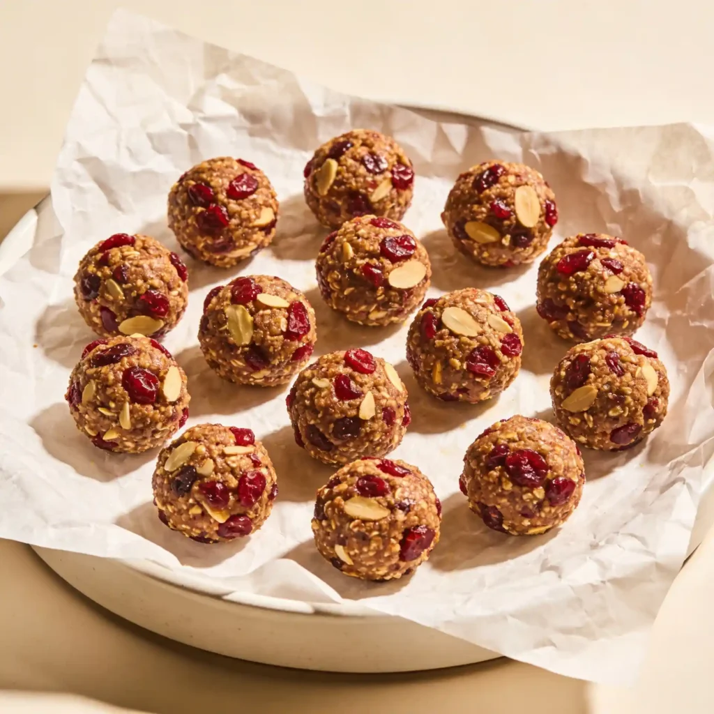 Raw oat energy bites resting neatly on a large white platter with parchment paper.