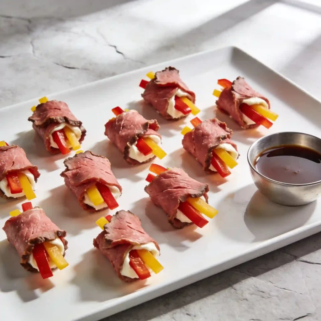 A beautiful spread of Roast Beef and Bell Pepper Rolls ready for serving.