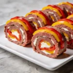 A modern white platter featuring sliced Roast Beef and Bell Pepper Rolls, a healthy no rice sushi alternative.