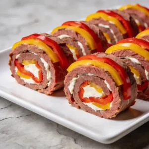 A modern white platter featuring sliced Roast Beef and Bell Pepper Rolls, a healthy no rice sushi alternative.