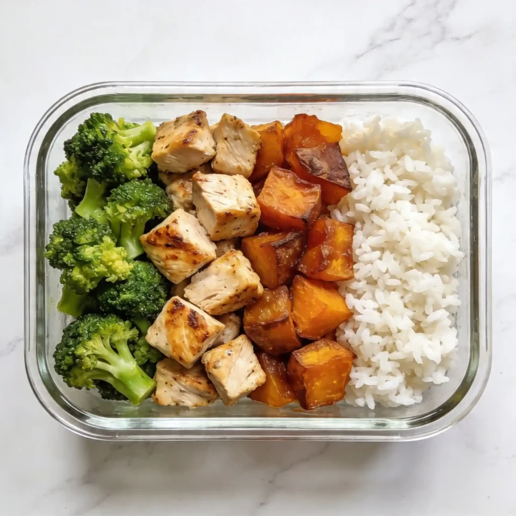 A glass meal prep container filled with a roasted chicken and vegetables meal prep organized in neat rows on a marble counter.