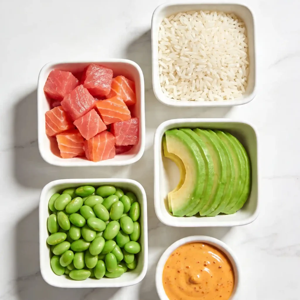 Raw ingredients neatly arranged in small white bowls to make a salmon bowl with rice and avocado.