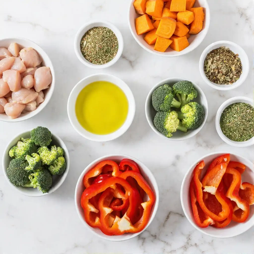 Fresh ingredients neatly arranged in small white bowls to make a sheet pan chicken breast meal prep.