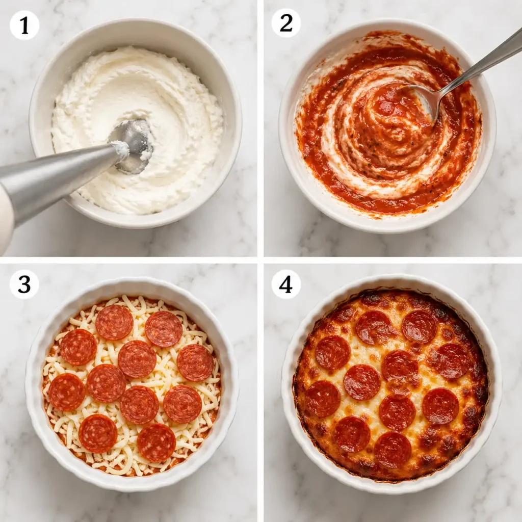 A 4-panel collage showing the assembly and baking steps for a single-serve pizza bowl.