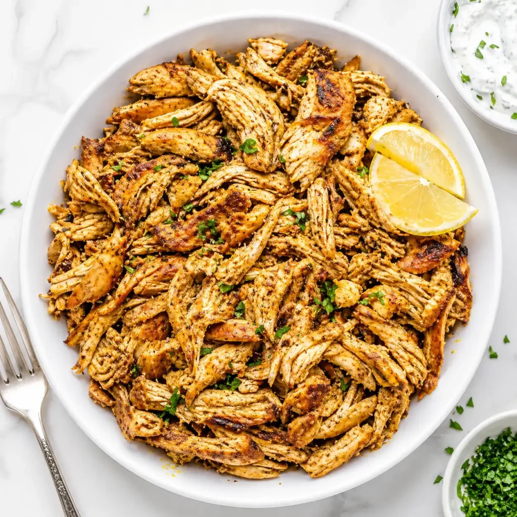 A close-up top-down view showing the juicy, tender texture of slow cooker chicken shawarma.