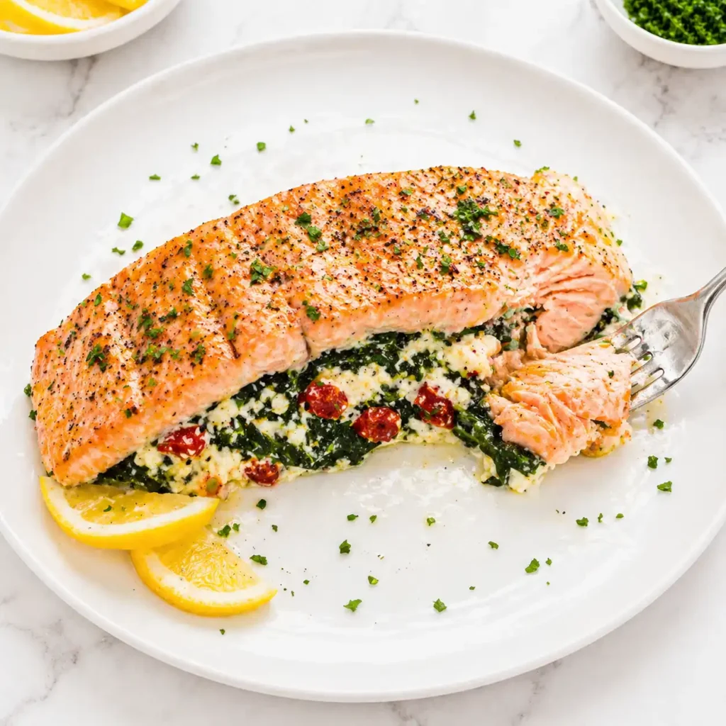 A close-up top-down view showing the creamy spinach and feta filling inside a flaky salmon fillet.