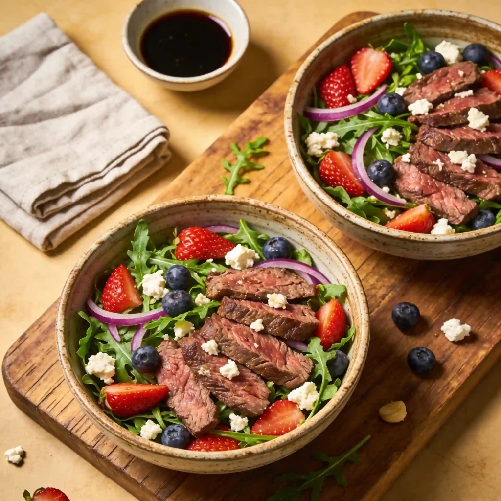 Two bowls of a balsamic flank steak salad served on a wooden board with dressing.