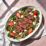 A large oval platter loaded with a high-protein Steak and Berry Salad, featuring strawberries, pecans, and goat cheese.