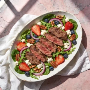 A large oval platter loaded with a high-protein Steak and Berry Salad, featuring strawberries, pecans, and goat cheese.