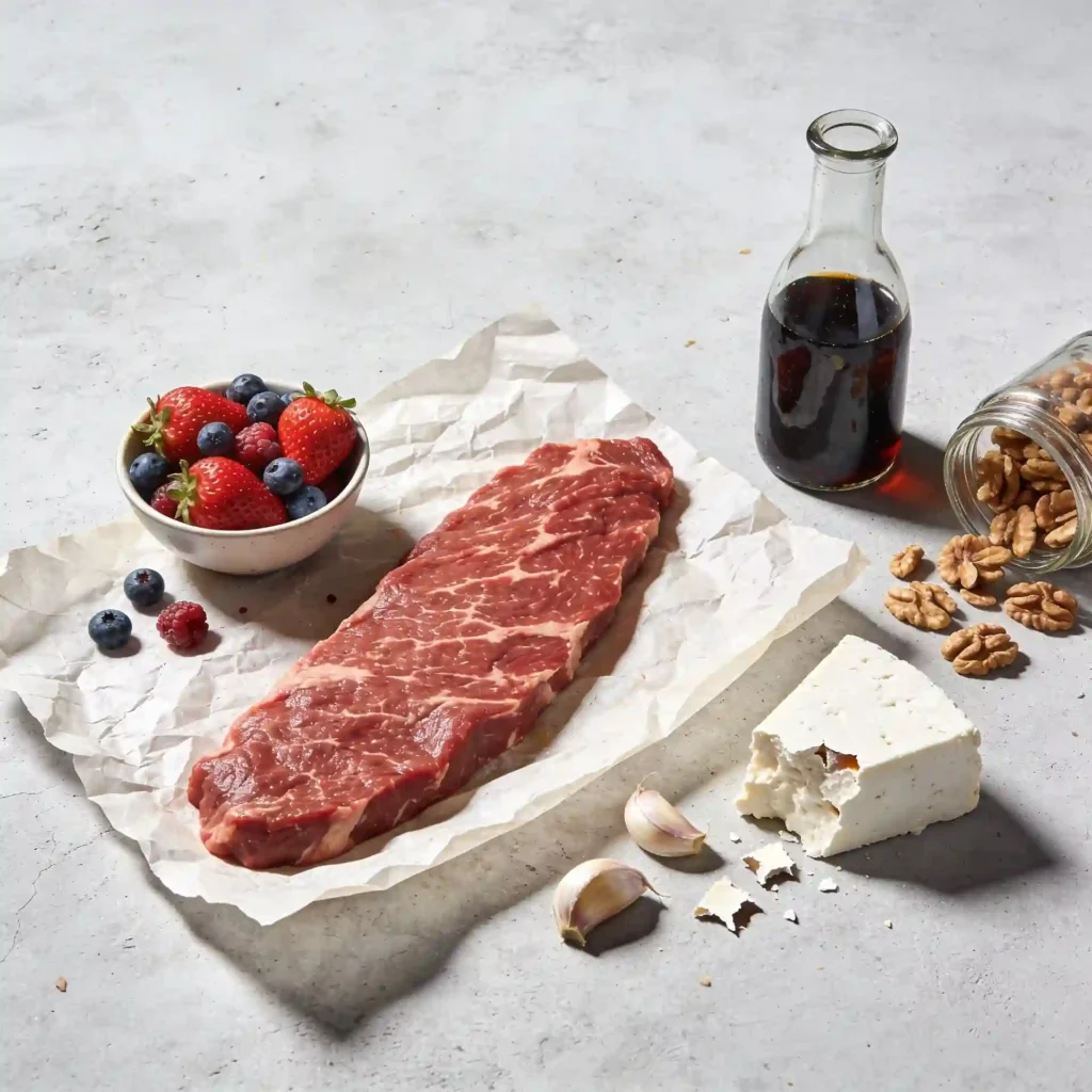 Fresh, whole-food ingredients for making a healthy steak and strawberry salad recipe including grass-fed beef.