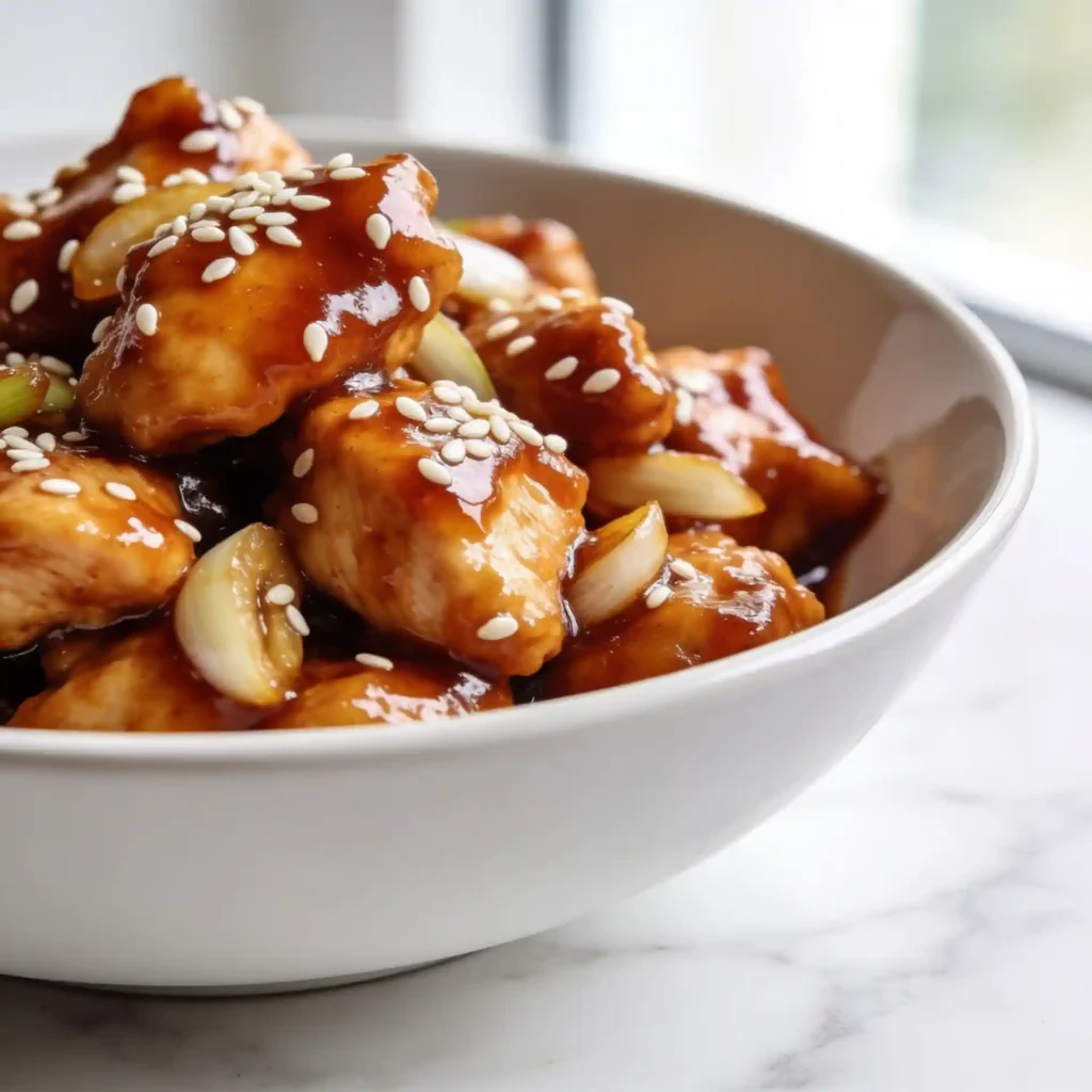 A macro shot of thick, glossy honey garlic sauce coating juicy chicken in a white ceramic bowl.