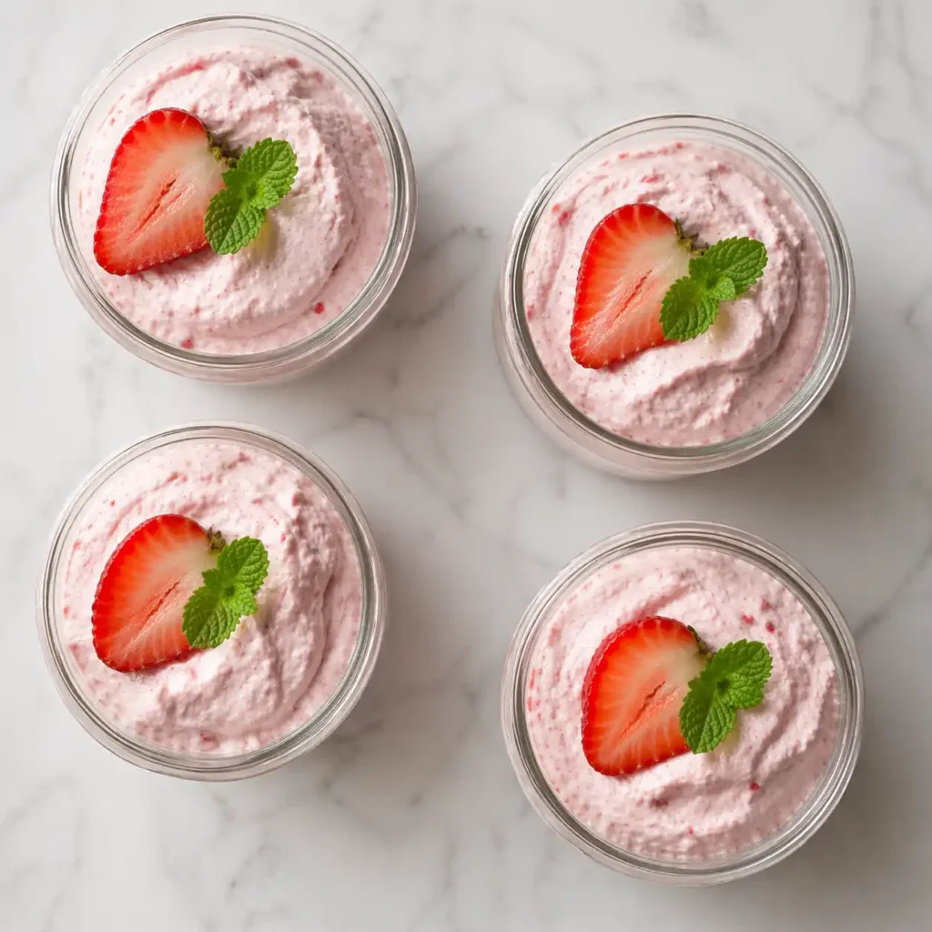 Four small glass jars filled with creamy strawberry cottage cheese mousse topped with fresh berries.