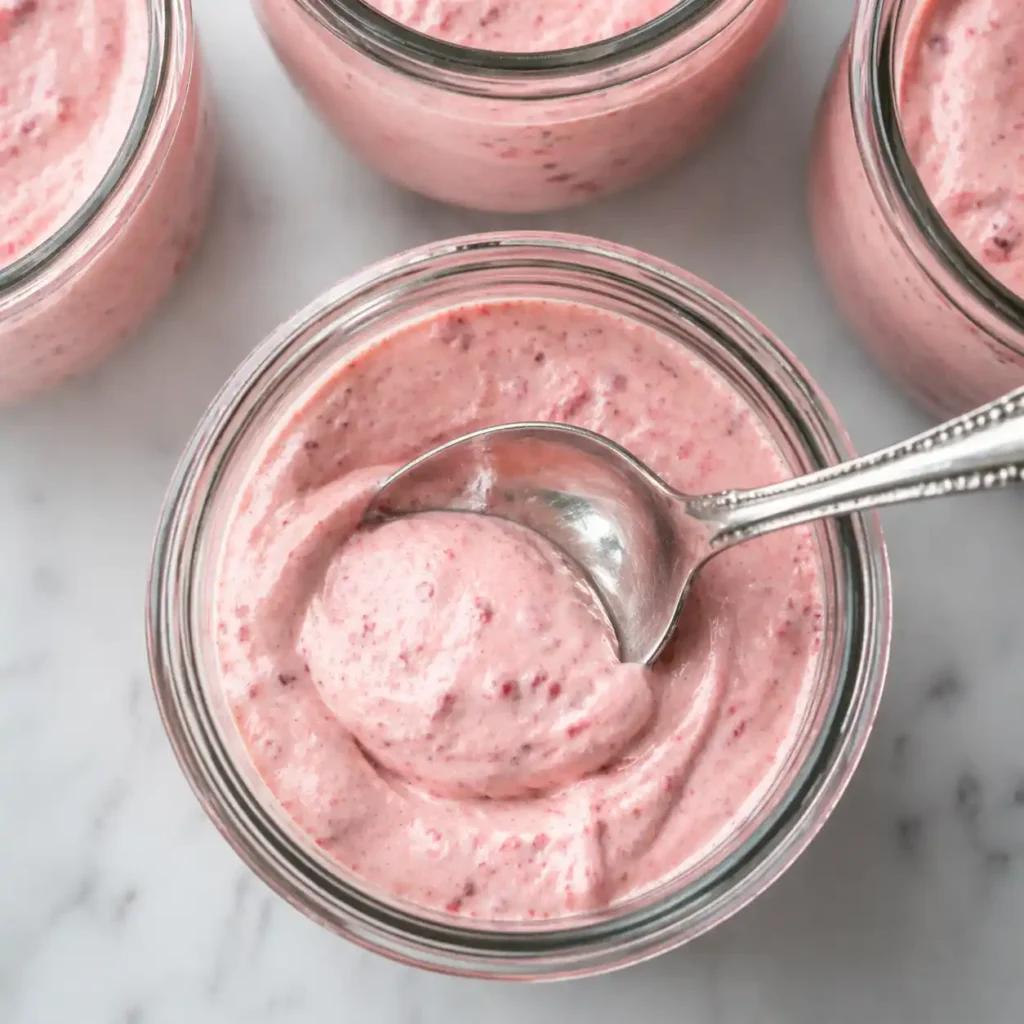 A macro overhead photograph sharply focused on the creamy, velvety texture of strawberry cottage cheese mousse in an elegant glass jar with a silver spoon.