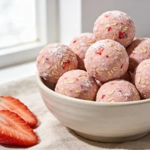 A bowl of no bake strawberry shortcake protein balls speckled with freeze-dried strawberries.