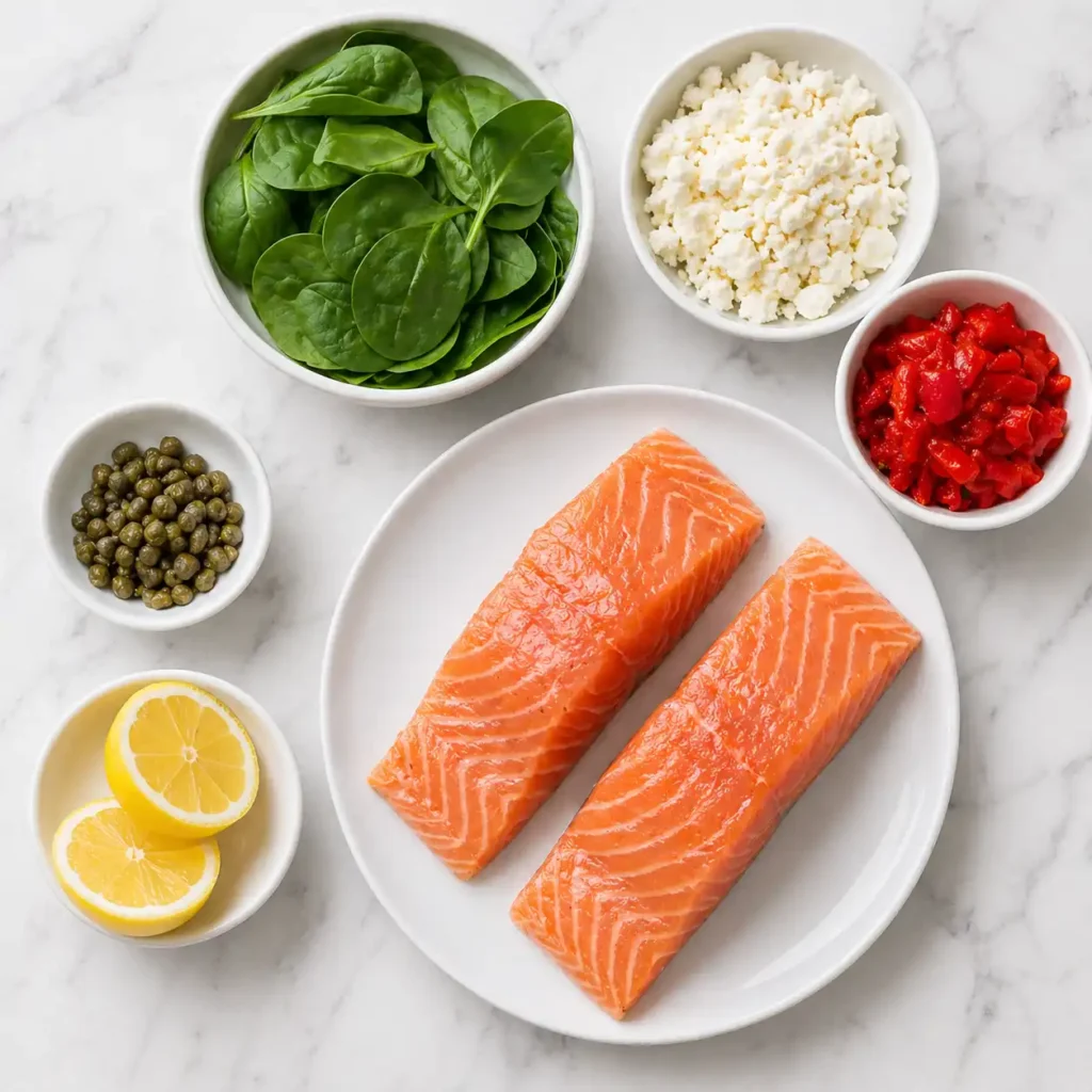 Raw ingredients for a stuffed salmon recipe arranged in white bowls on a marble surface.