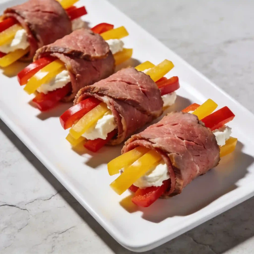 Macro shot of a sushi style roast beef roll highlighting the nutritional synergy of beef and peppers.
