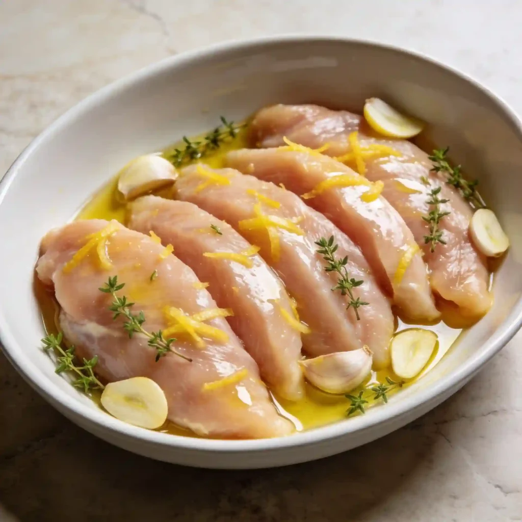 Raw chicken cutlets marinating in a ceramic dish, perfect for thin sliced chicken breast recipes.