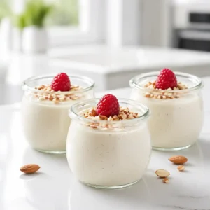 Three elegant glass jars filled with creamy vanilla cottage cheese mousse dotted with vanilla bean specks, sitting on a white quartz counter.