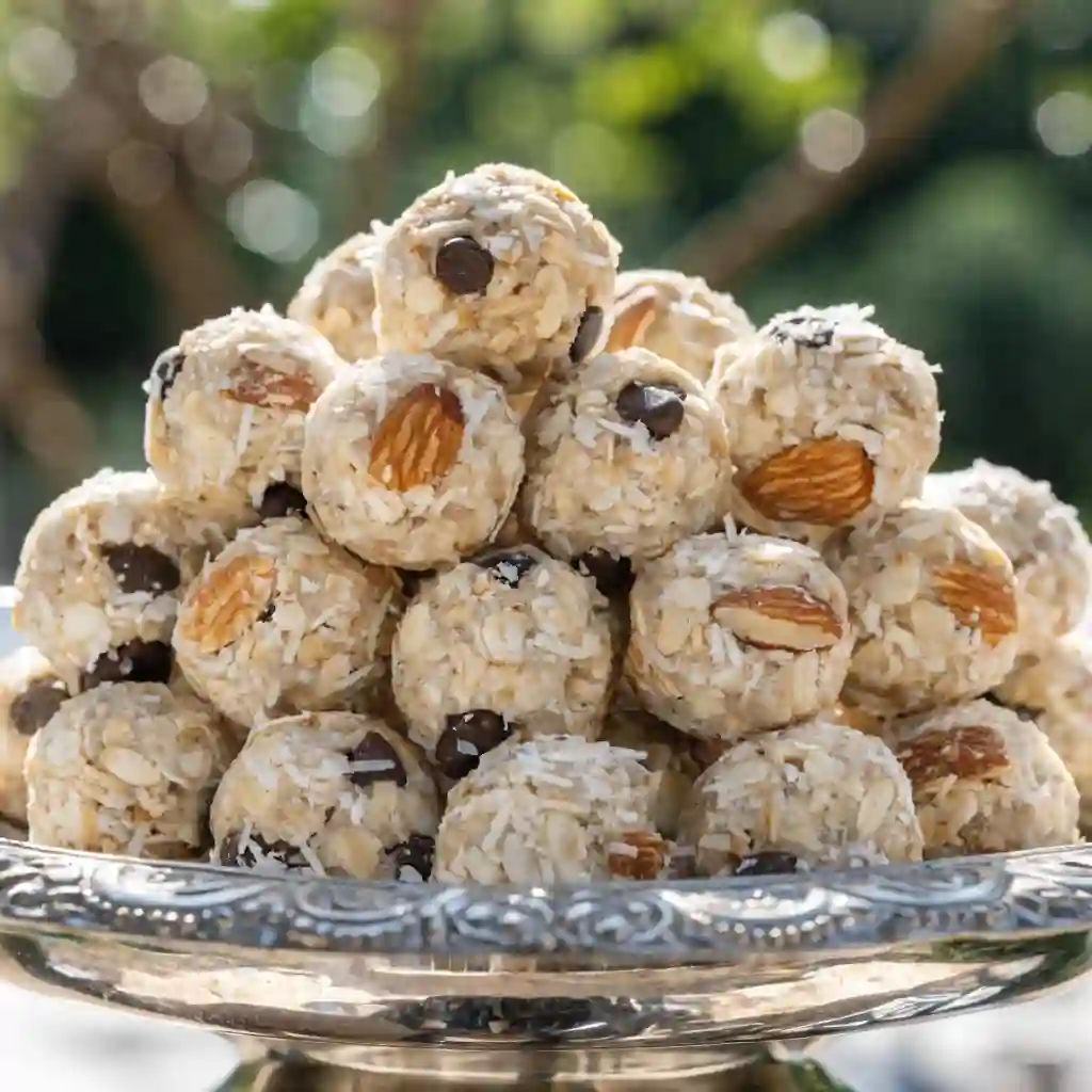 Vegan Almond Joy protein balls resting neatly on a serving platter.