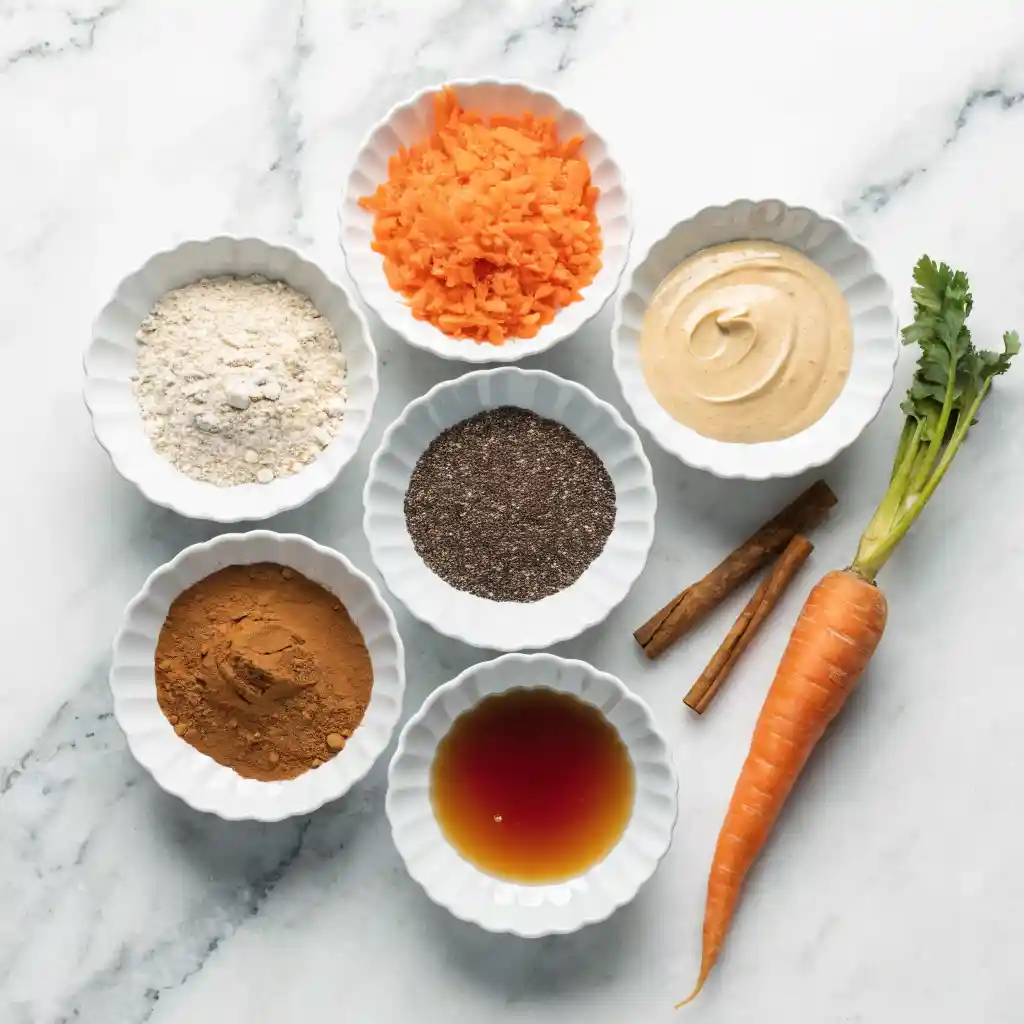 Small modern white bowls filled with oat flour, grated carrots, cashew butter, cinnamon, and maple syrup on a marble counter next to fresh carrots.
